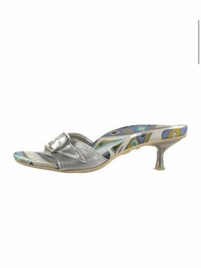 Emilio Pucci Silver Metallic Kitten Heel Slide with Printed Insole
